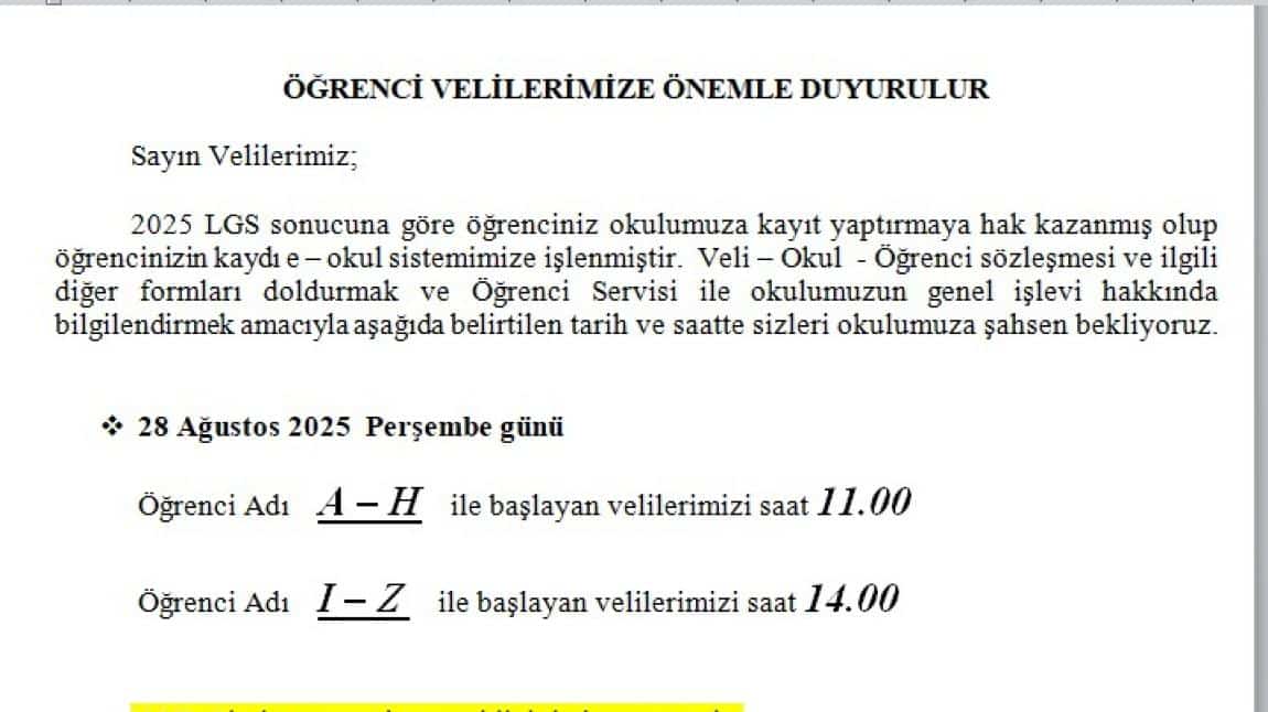 2025 LGS SONUÇLARINA GÖRE OKULUMUZA KAYIT HAKKI KAZANAN ÖĞRENCİ VE VELİLERİMİZE ÖNEMLE DUYURULUR!!!